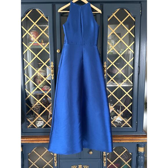 Badgley Mischka Royal Blue and Black Reverse Ruffle Structural Gown Sz 4 - Picture 8 of 14